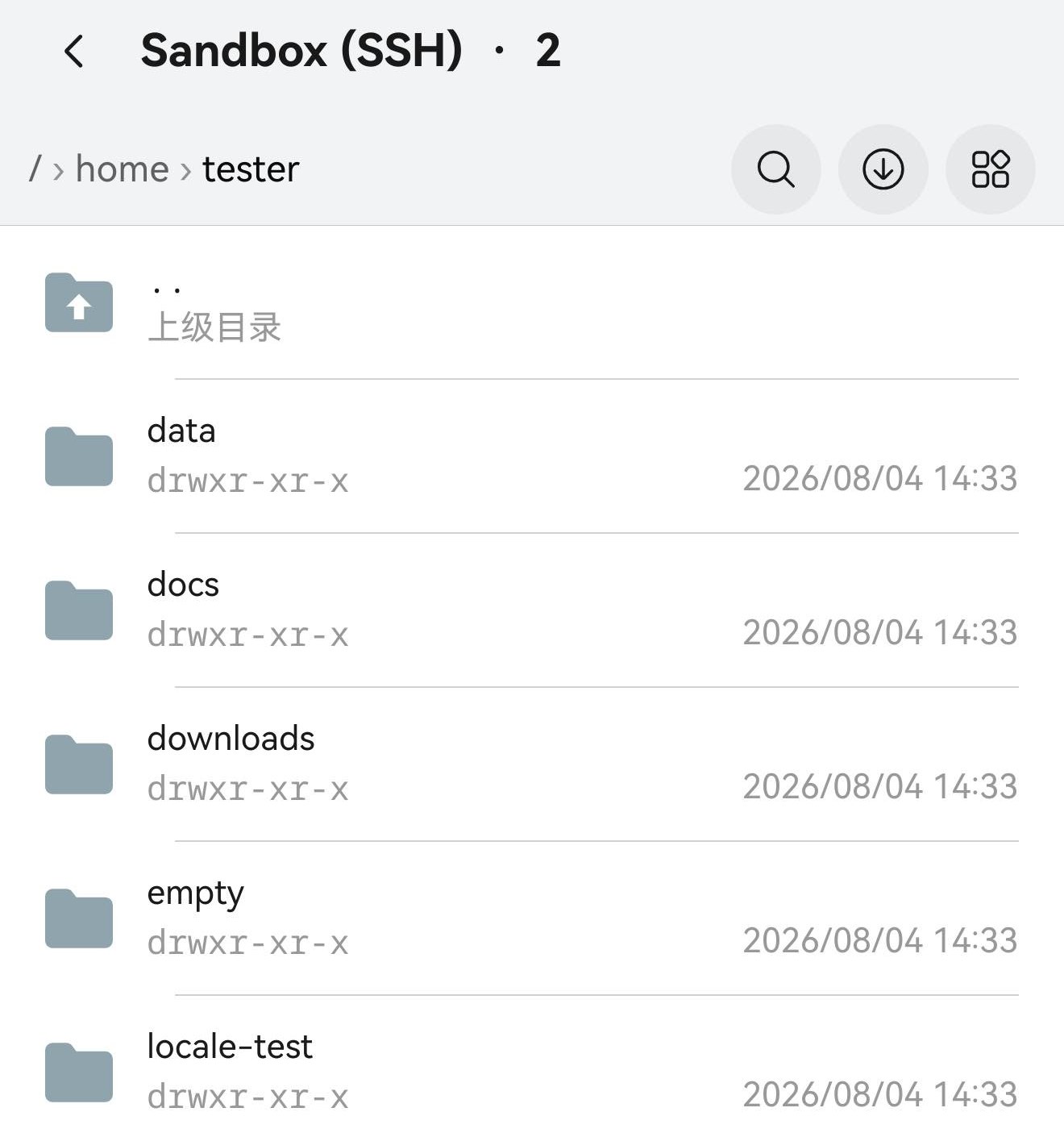 SFTP 浏览器：标题 Sandbox (SSH)，面包屑 / › home › tester，下面是 data、docs、downloads、empty、locale-test 等文件夹，每行带 drwxr-xr-x 权限和 2026/08/04 14:33 的修改时间。
