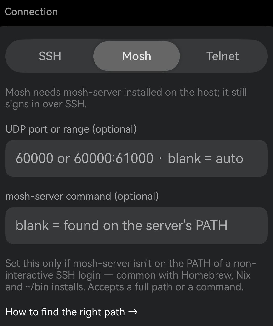 Term 主机编辑器里的「连接」卡片：SSH / Mosh / Telnet 选在 Mosh，一个 UDP 端口或范围输入框，以及一个空的「mosh-server 命令（可选）」输入框，下面是说明文字和一条链接。