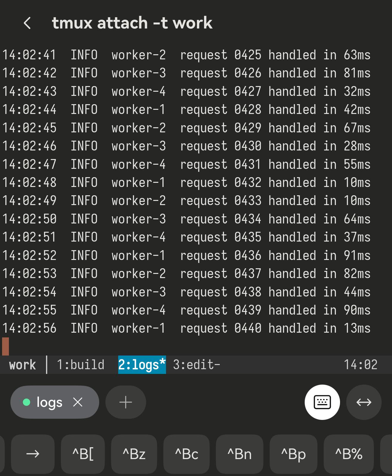 手机上运行 tmux：日志在滚动，tmux 状态栏写着 work | 1:build 2:logs 3:edit，下面的按键栏是 ^B[ ^Bz ^Bc ^Bn ^Bp ^B%。