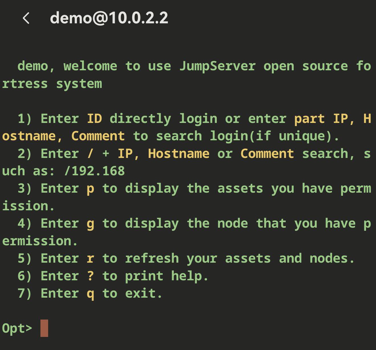 Term 中显示的 JumpServer 网关菜单，带选项列表和 Opt 提示符