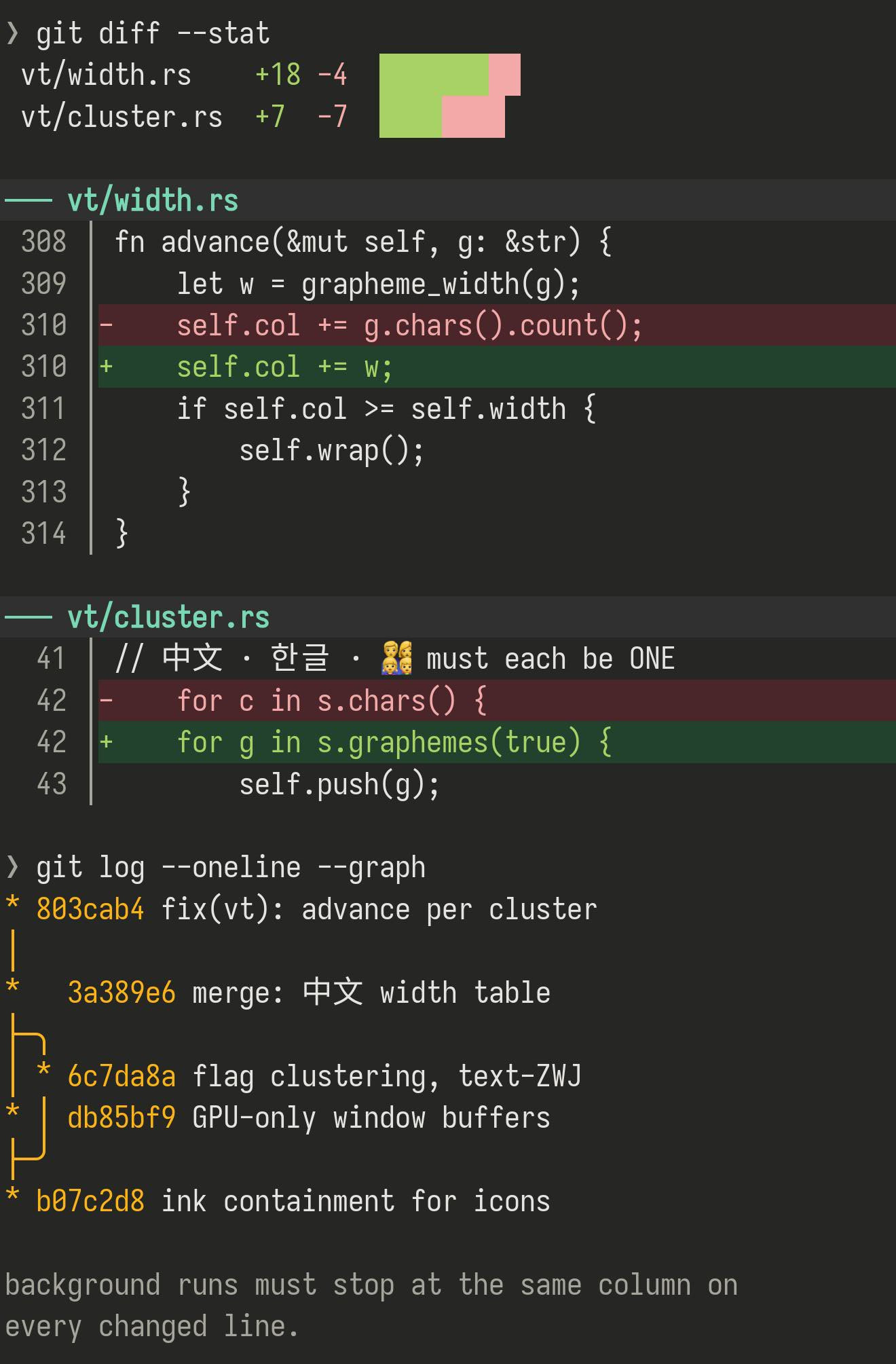 终端截图：一份带颜色的 diff，新增和删除的行都有底色，下面是分支图。