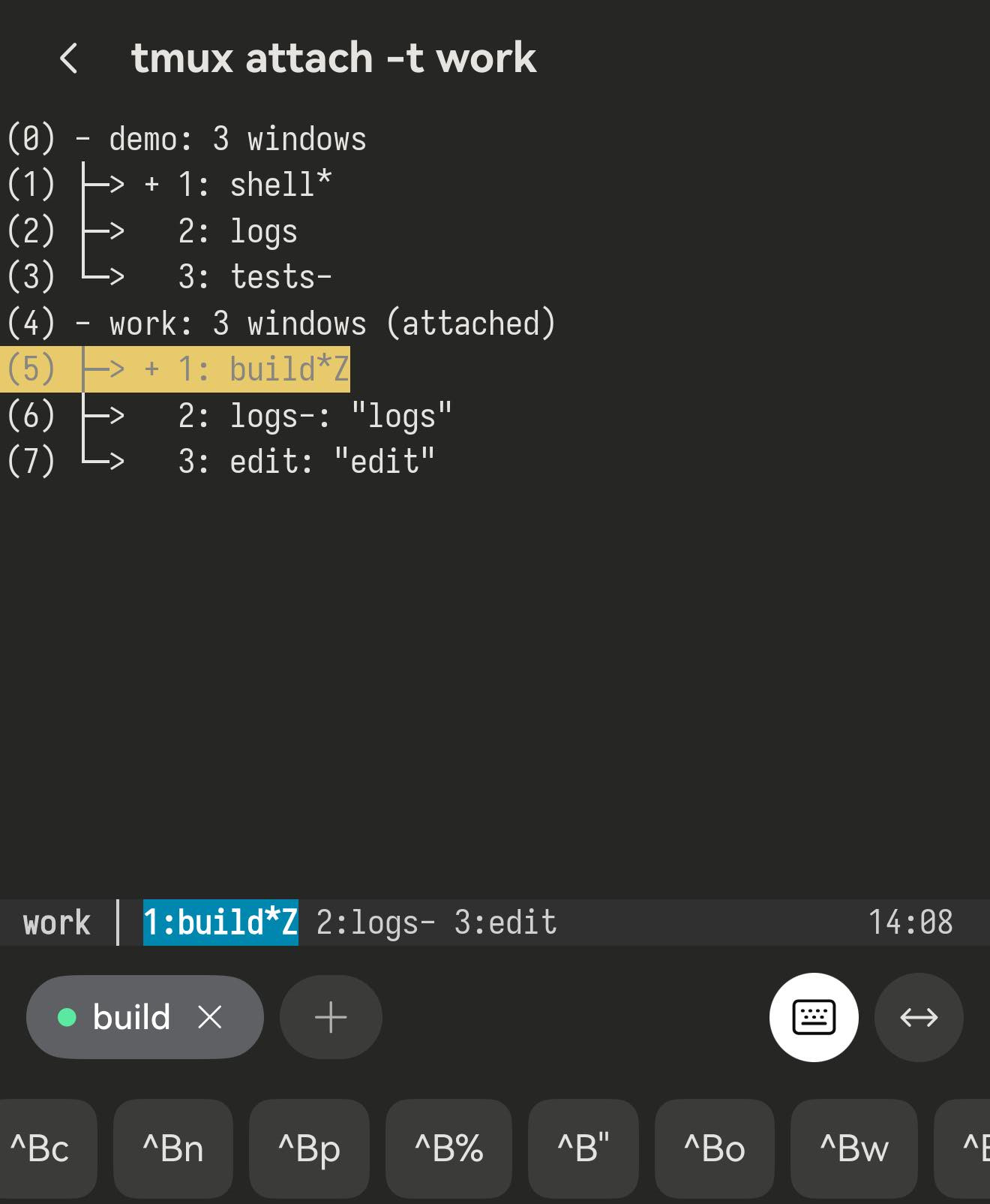 tmux 的窗口列表覆盖在会话上，列出三个窗口，其中一个高亮。