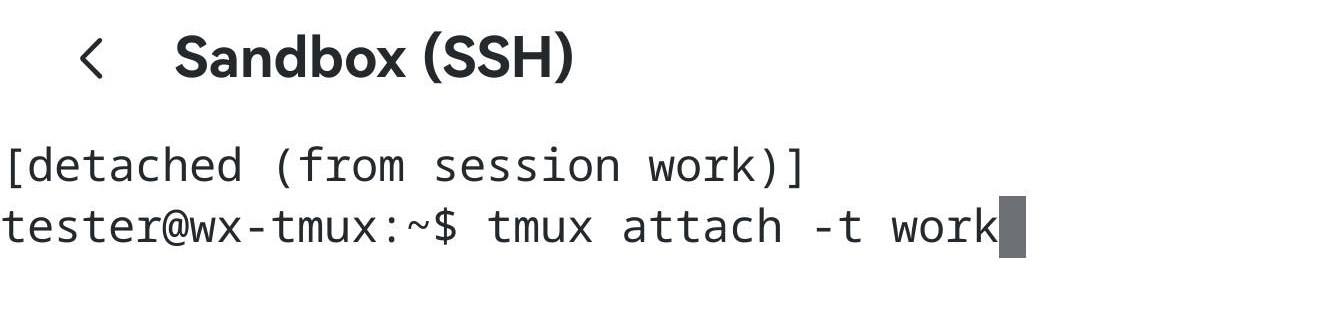 终端里的两行：tmux 打出的 [detached (from session work)]，下一行是已经输入 tmux attach -t work 的提示符。
