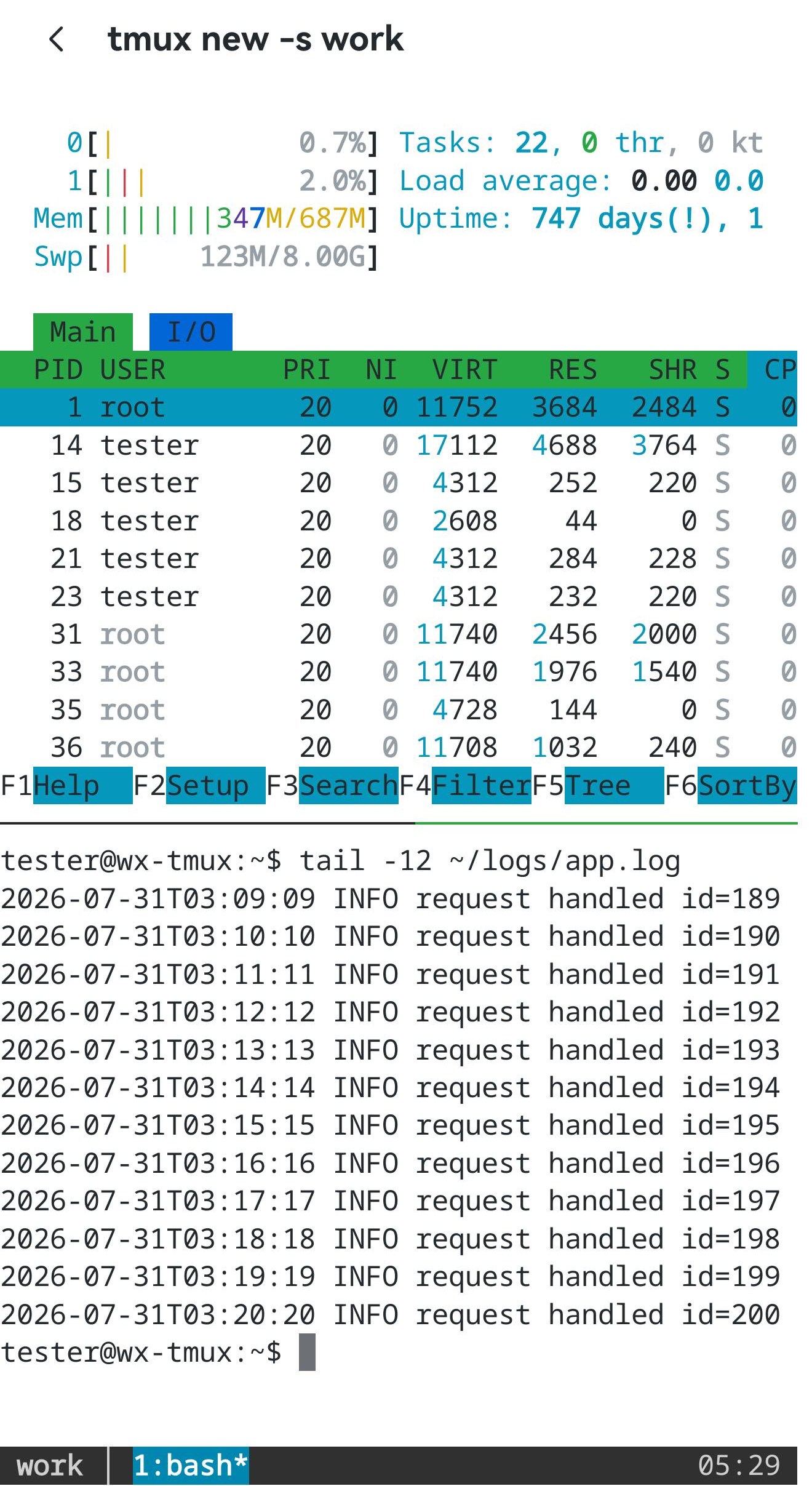 一个 tmux 会话上下分成两个窗格：上面运行 htop，下面是 tail 打出的日志；最底部是 tmux 自己的状态栏。