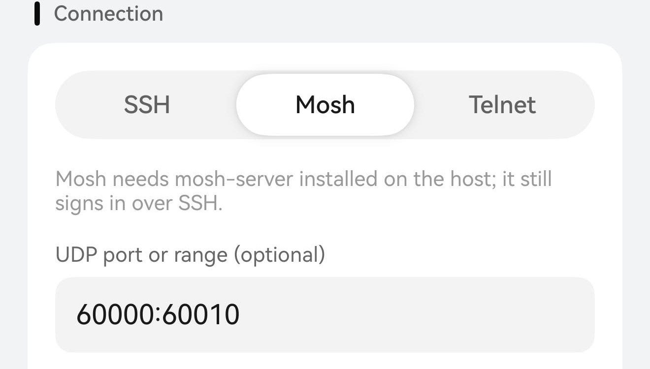 主机编辑页的「连接方式」卡片：SSH / Mosh / Telnet 里选中 Mosh，下面是填了 60000:60010 的「UDP 端口或范围（可选）」。