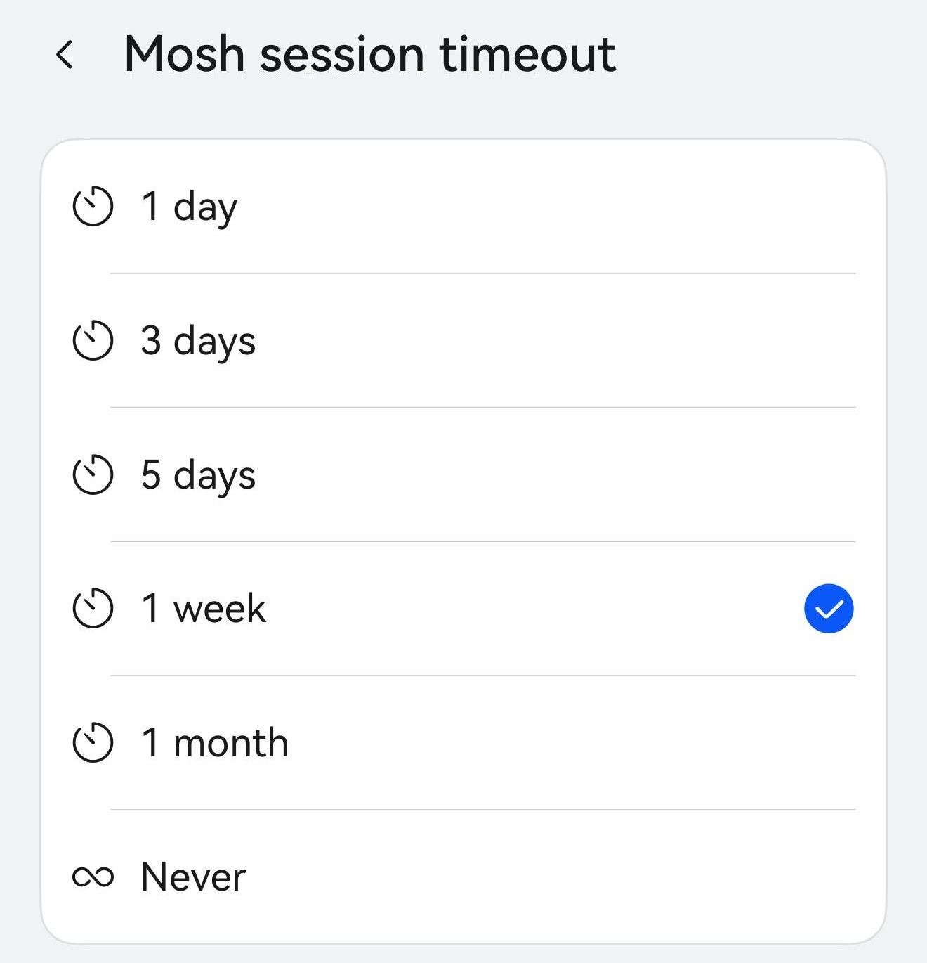 「Mosh 会话超时」选择页：1 天、3 天、5 天、1 周（已选）、1 个月、永不。